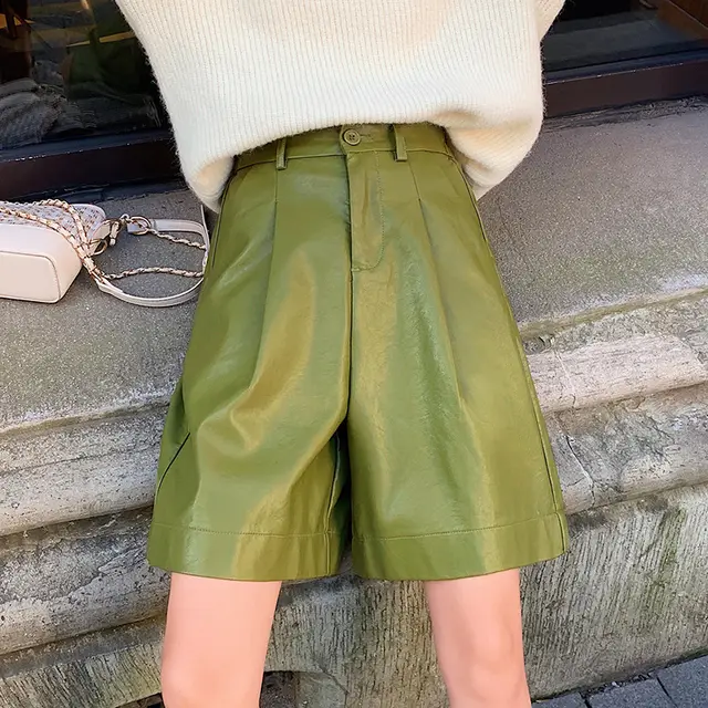 PU leather Shorts Women's Wide leg Pants Autumn And Winter New Style Outer Wear Elastic Waist Five point Leather Pants Green - Shop at LoveMi