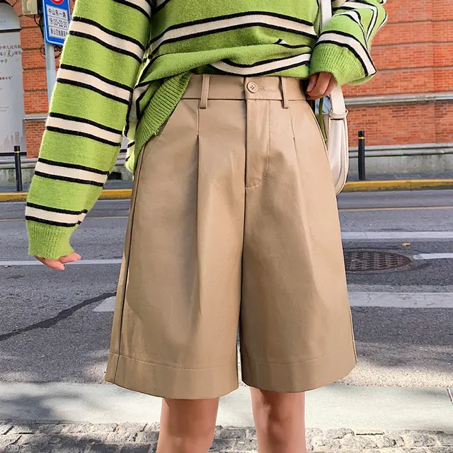 PU leather Shorts Women's Wide leg Pants Autumn And Winter New Style Outer Wear Elastic Waist Five point Leather Pants Khaki - Shop at LoveMi