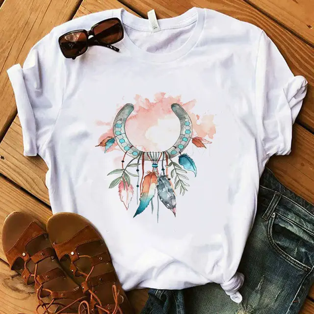 Summer European And American Flower Dream Catcher Printed T Shirt Short Sleeves - Shop at LoveMi