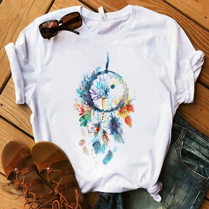 Summer European And American Flower Dream Catcher Printed T-Shirt Short Sleeves