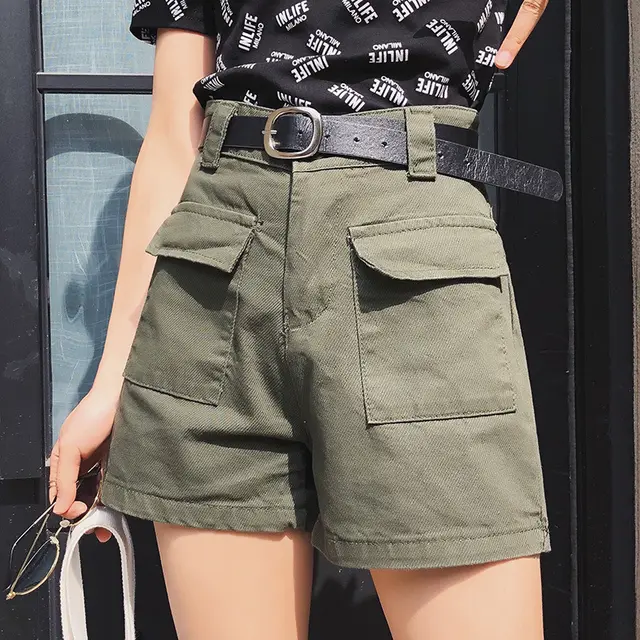 Five Point Denim Shorts Women's High Waist Casual Style Loose Wide Leg Daddy Pants Green - Shop at LoveMi