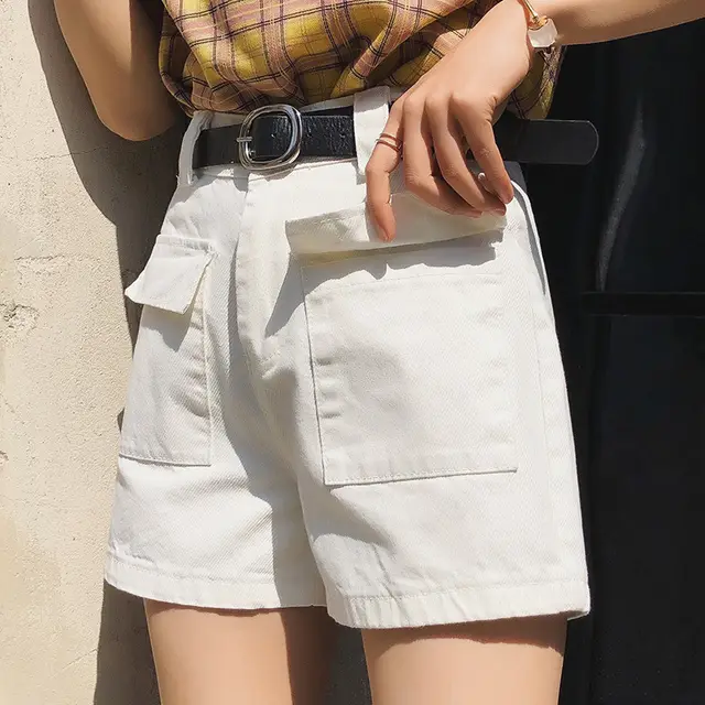 Five Point Denim Shorts Women's High Waist Casual Style Loose Wide Leg Daddy Pants White - Shop at LoveMi
