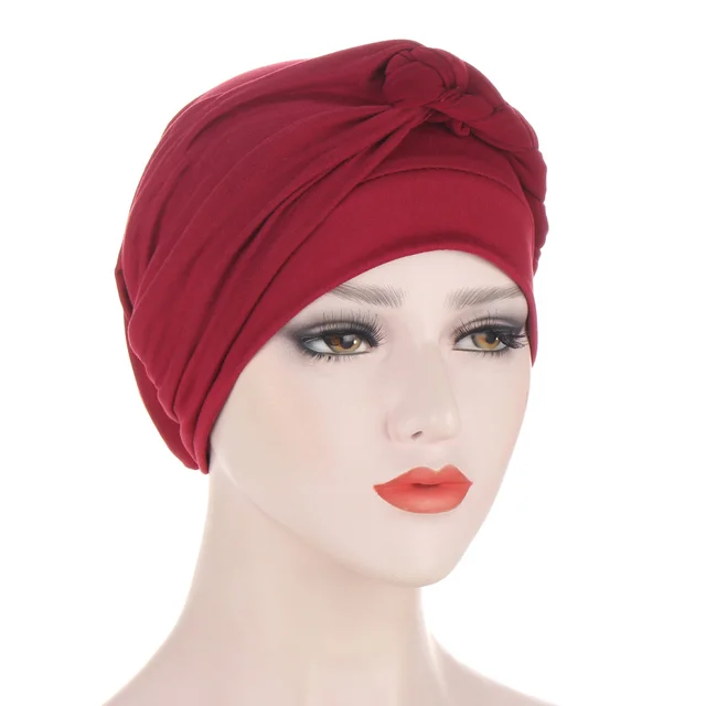 New Side Braid Multicolor Soft Turban Hat Muslim Chemo Hat Wine Red - Shop at LoveMi