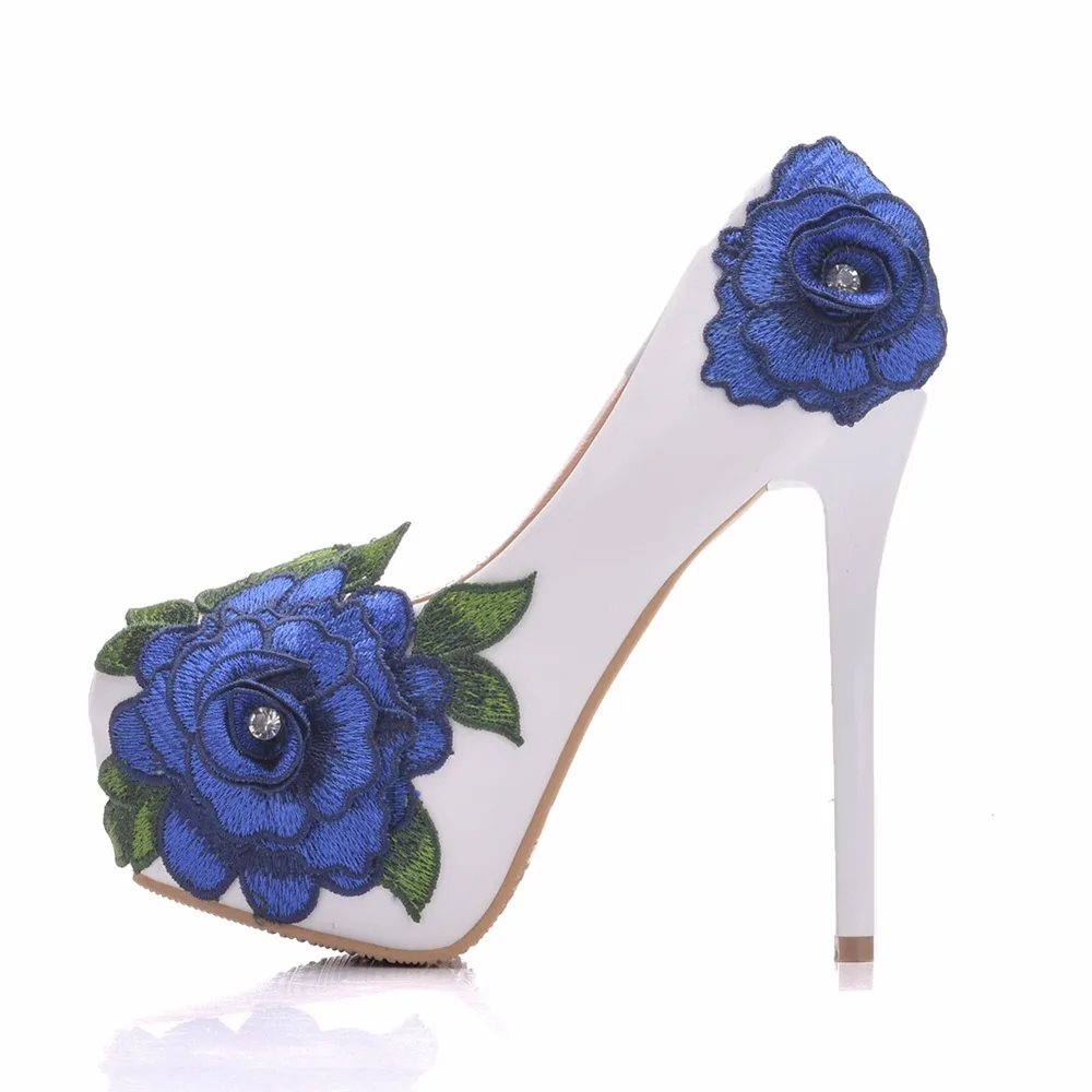 14 Cm High Heels Mikhaki Big Flower Banquet High Heels Stiletto Round Toe Waterproof Platform Single Shoes Foreign Trade Large Size Blue - Shop at LoveMi
