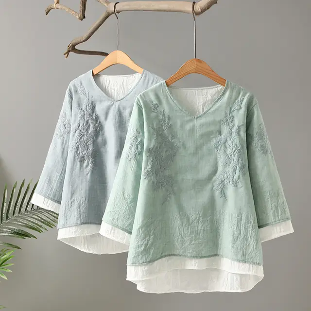 Women's Plus Size Literary Double Embroidered Cotton And Linen T Shirt Blue - Shop at LoveMi