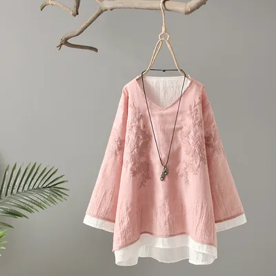 Women's Plus Size Literary Double Embroidered Cotton And Linen T Shirt Pink - Shop at LoveMi