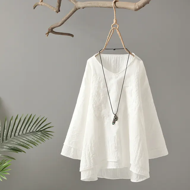 Women's Plus Size Literary Double Embroidered Cotton And Linen T Shirt White - Shop at LoveMi