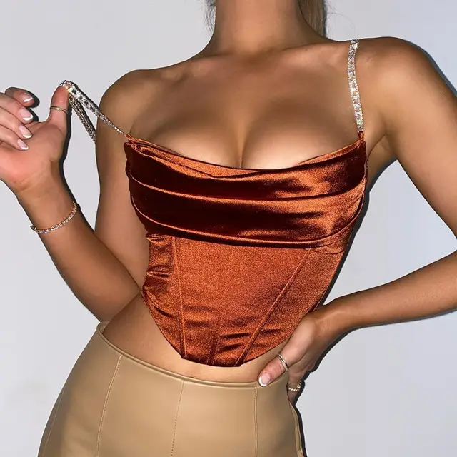 Net Red Temperament Elastic Tight Fitting Satin Luxury Diamond Chain Shoulder Strap Waist Top Vest Brown Red - Shop at LoveMi