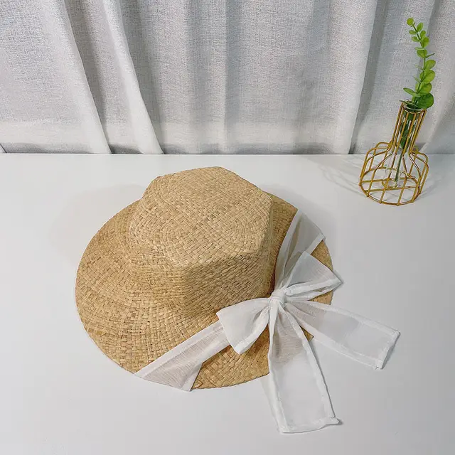 Korean Style Hexagonal Raffia Straw Hat With Bowknot Beach Hat With Big Brim White - Shop at LoveMi