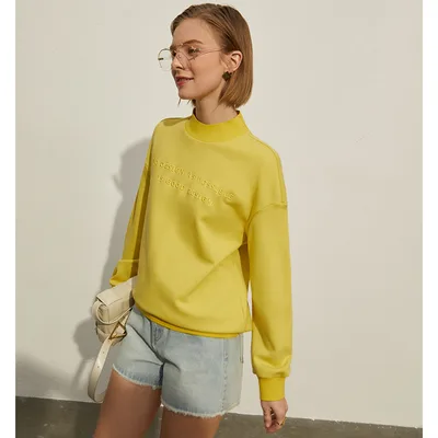Casual Embroidered Sweater Women's Spring New Loose Half High Neck Pullover All Match Yellow - Shop at LoveMi