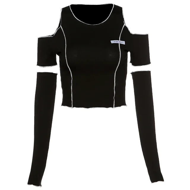 European And American Style Cross Border Women's Clothing Autumn And Winter New Fashion Label Slim Round Neck Strapless Short T Shirt Women Black - Shop at LoveMi
