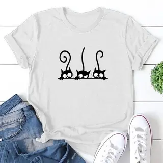 Three Naughty Black Cat Print Short-Sleeved T-Shirts - White