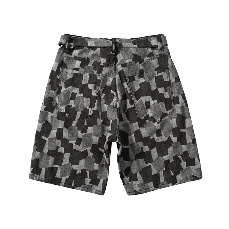 European And American High Street Ins Washed Blue Plaid Straight Loose Five-Point Denim Shorts - Black