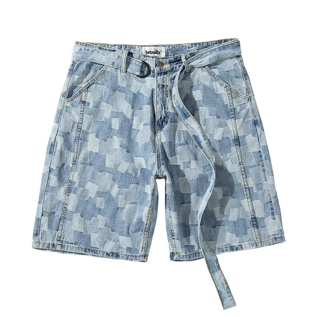 European And American High Street Ins Washed Blue Plaid Straight Loose Five Point Denim Shorts Blue - Shop at LoveMi