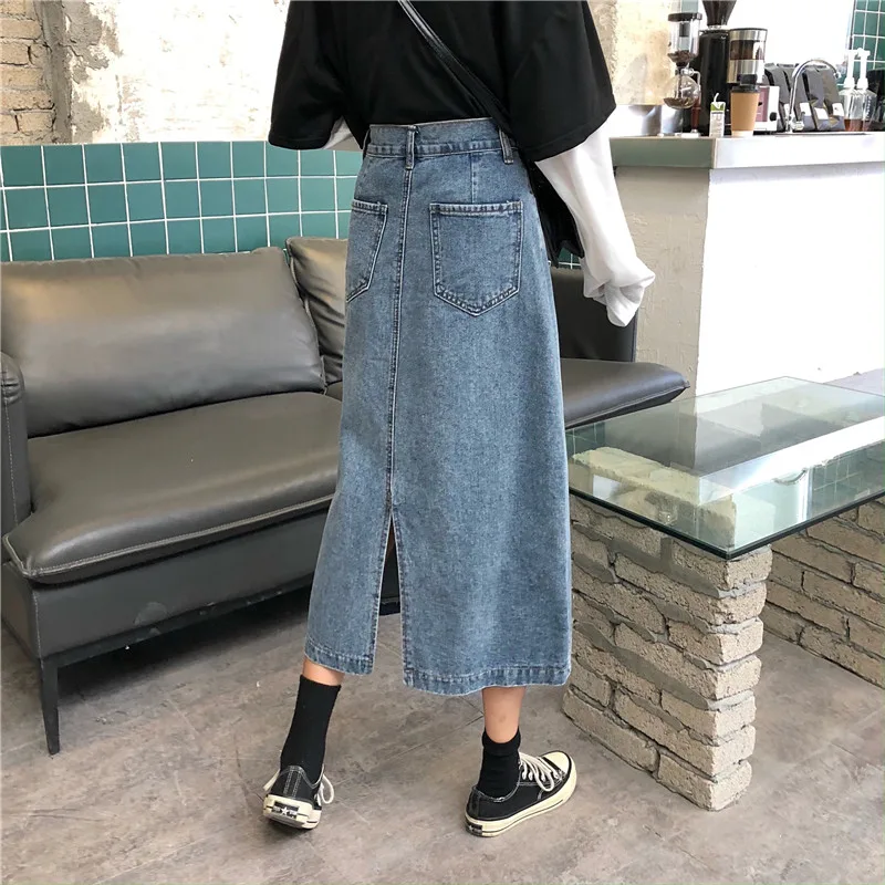 Denim Half Length Skirt Temperament Slit Mid Length High Waisted A Line Thin Hip Length Skirt Denim Blue - Shop at LoveMi