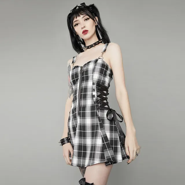 Plaid Drawstring Zipper Dress Black - Shop at LoveMi