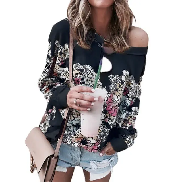 Printed Long Sleeve Sweatshirt Jacket Women Black - Shop at LoveMi