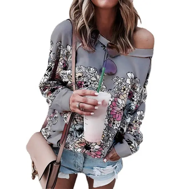 Printed Long Sleeve Sweatshirt Jacket Women Grey - Shop at LoveMi