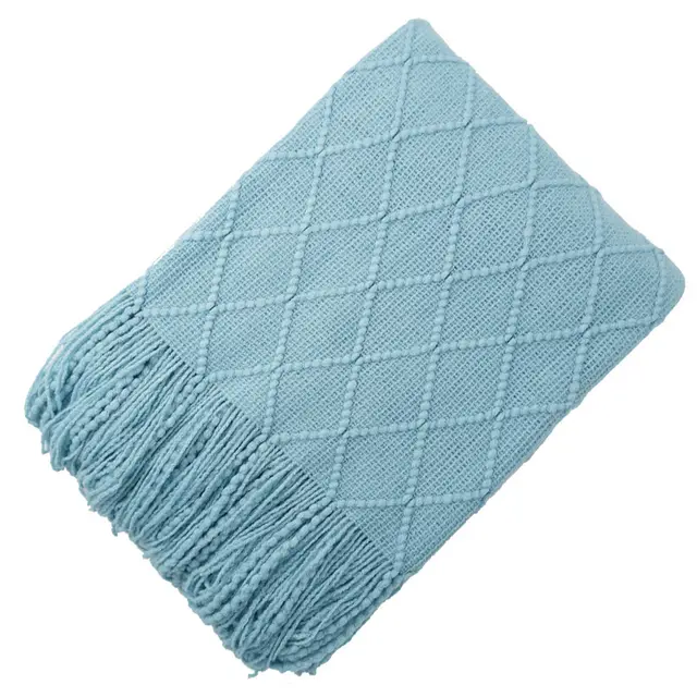 Pure Color Diamond Jacquard Knitted Wool Blanket Sky Blue - Shop at LoveMi