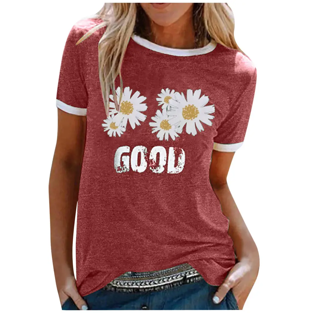 Ladies Short Sleeve Round Neck GOOD Daisy Print Top T-Shirt - Red