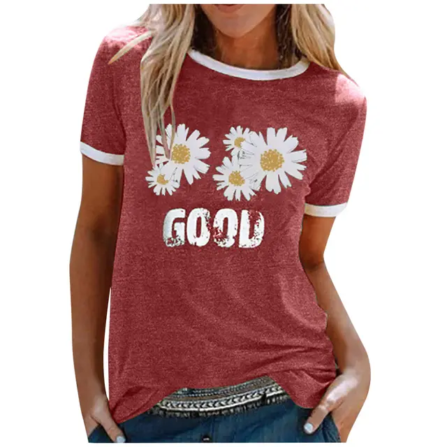 Ladies Short Sleeve Round Neck GOOD Daisy Print Top T Shirt Red - Shop at LoveMi