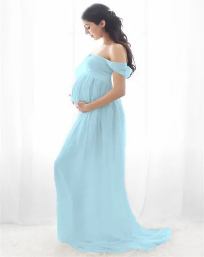 Chiffon Maternity Strapless Solid White Dresses For Photo Shoot Blue - Shop at LoveMi