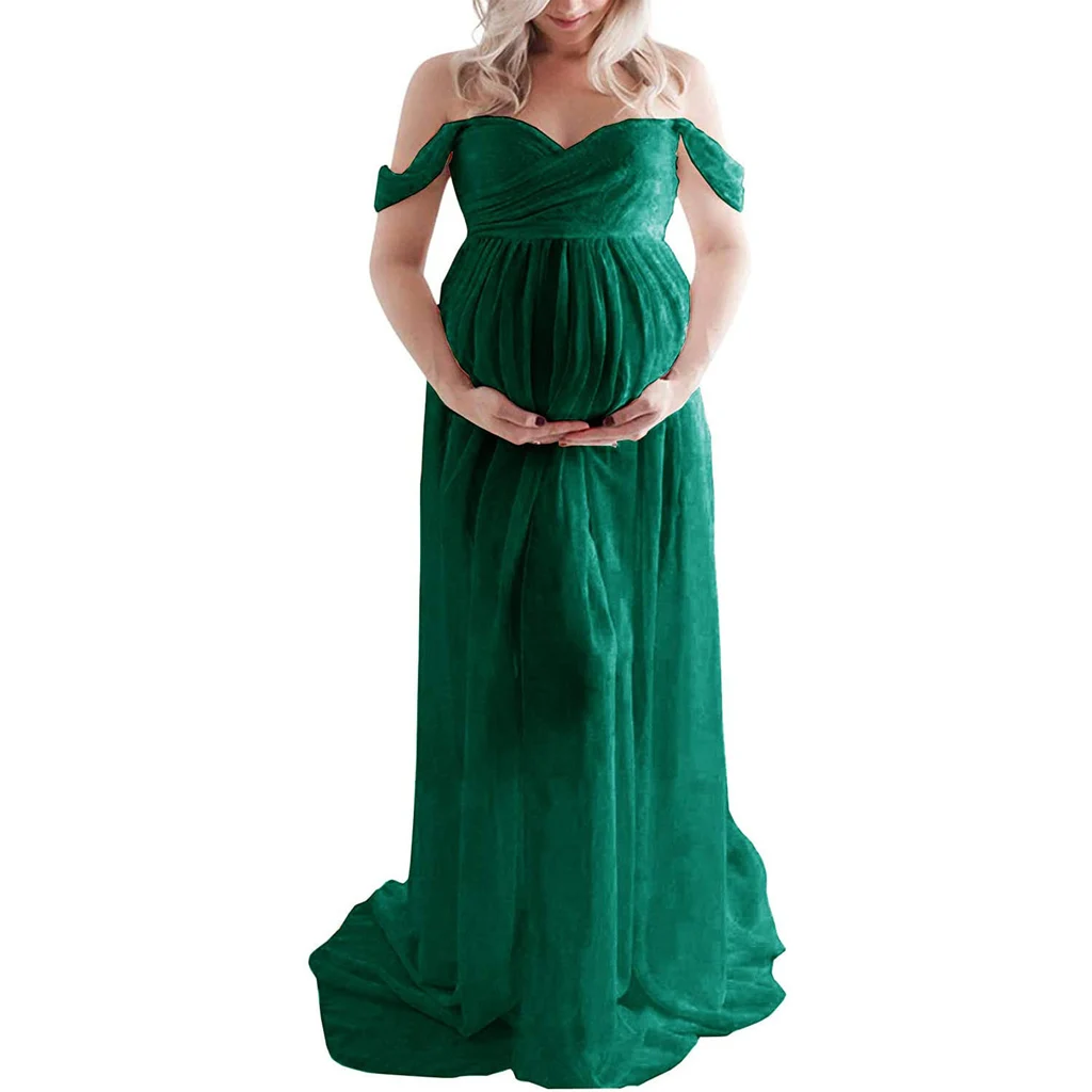 Chiffon Maternity Strapless Solid White Dresses For Photo Shoot - Dark Green