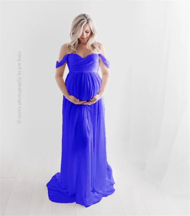Chiffon Maternity Strapless Solid White Dresses For Photo Shoot Navy Blue - Shop at LoveMi