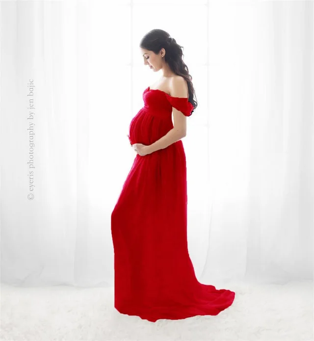 Chiffon Maternity Strapless Solid White Dresses For Photo Shoot Red - Shop at LoveMi