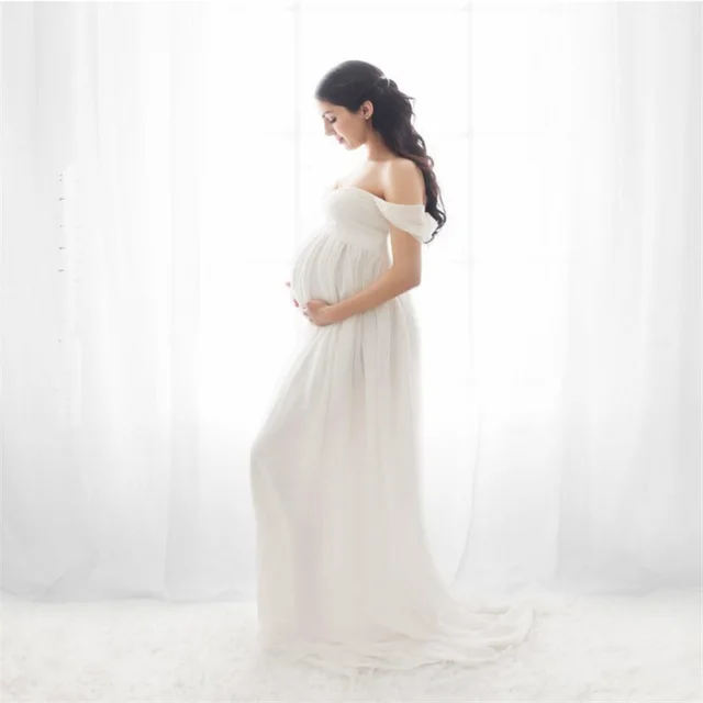 Chiffon Maternity Strapless Solid White Dresses For Photo Shoot White - Shop at LoveMi