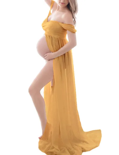 Chiffon Maternity Strapless Solid White Dresses For Photo Shoot Yellow - Shop at LoveMi
