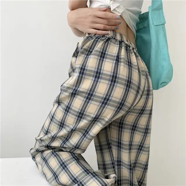 Retro Style Blue Plaid Loose Casual Pants Women'S Thin High Waist Drawstring Trousers Spring Straight Harem Pants Green - Shop at LoveMi