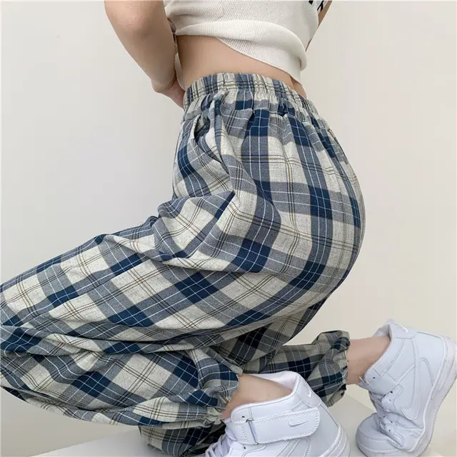 Retro Style Blue Plaid Loose Casual Pants Women'S Thin High Waist Drawstring Trousers Spring Straight Harem Pants New Coffee - Shop at LoveMi