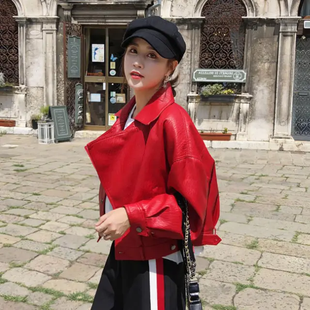 Spring New Style Leather Jacket Women Short Locomotive Suit Red - Shop at LoveMi