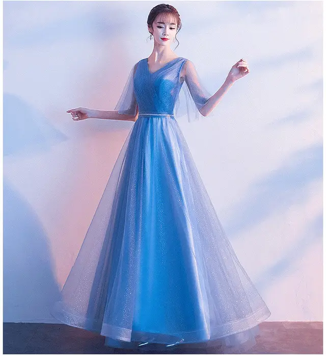 Beauty Emily Tulle V Neck Ruffle Evening Dresses Long A line Crystal Formal Dress Party Prom Gowns Lace Up Back Vestido de noche Sky Blue - Shop at LoveMi