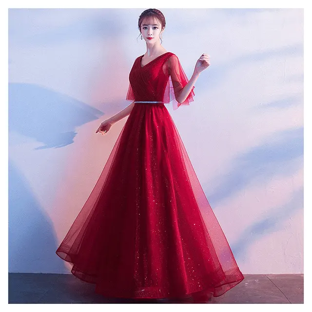 Beauty Emily Tulle V Neck Ruffle Evening Dresses Long A line Crystal Formal Dress Party Prom Gowns Lace Up Back Vestido de noche Wine Red - Shop at LoveMi