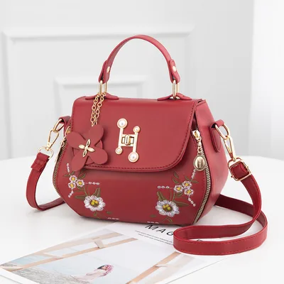 Embroidered One shoulder Messenger Handbag Red - Shop at LoveMi