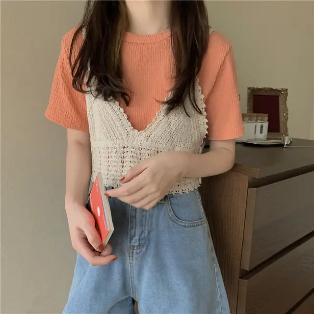 Summer Bottoming Shirt Korean Style Slim Short Top With Two Piece Suspenders Orange - Shop at LoveMi