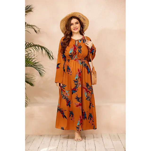 Maxi Dress floral female long sleep Robe Orange - Shop at LoveMi