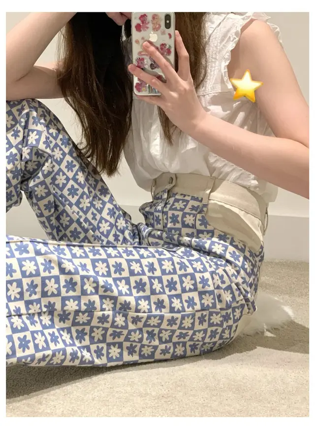 Blue And White Western Style Contrast Jeans Women's Straight Loose Blue - Shop at LoveMi