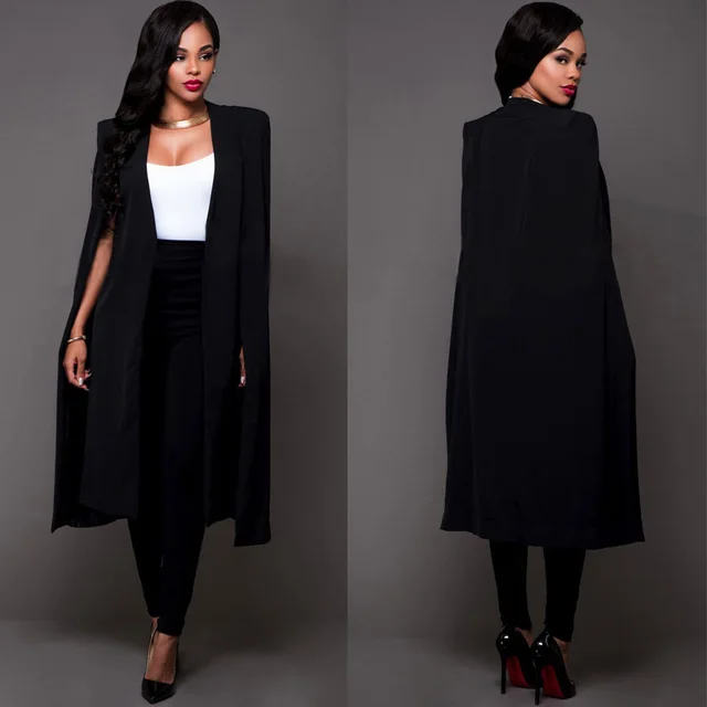 Autumn Personality Solid Color Long Cloak Plus Size Women's Suit Jacket Black - Shop at LoveMi