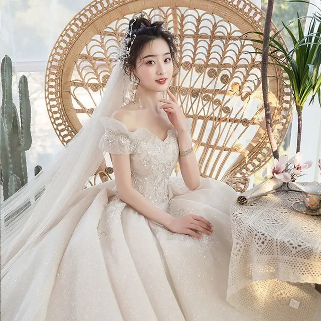 One Shoulder Main Wedding Dress New Temperament Forest Super Fairy Dream Little Bride Han Trailing Starry Sky One Shoulder Trailing - Shop at LoveMi