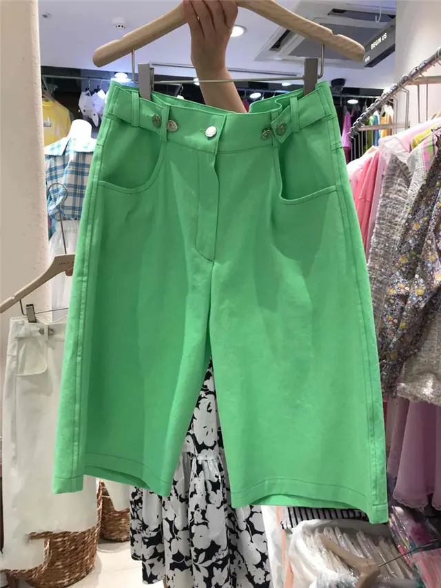 Solid Color High Waist Five point Wide leg Pants Loose Casual Trousers Green - Shop at LoveMi