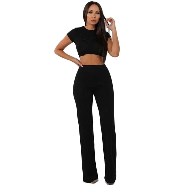 European And American Fashion Casual New Sexy Two Piece T Shirt Wide Leg Pants Black - Shop at LoveMi