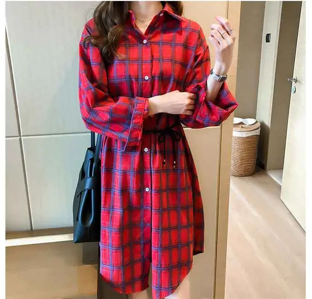 Plaid Shirt Long Sleeved Thin Coat All Match Sunscreen Mid Length Top Red - Shop at LoveMi