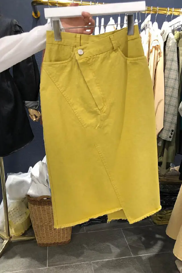 Summer Women'S New Style Temperament All Match Solid Color Buttoned Raw Edge High Waist Skirt Ginger Candy - Shop at LoveMi