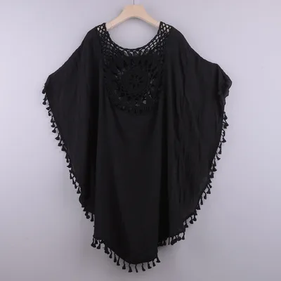 Off The Shoulder Hollow Loose Large Size Fringed Bikini Ins Wind And Beach Blouse Black - Shop at LoveMi