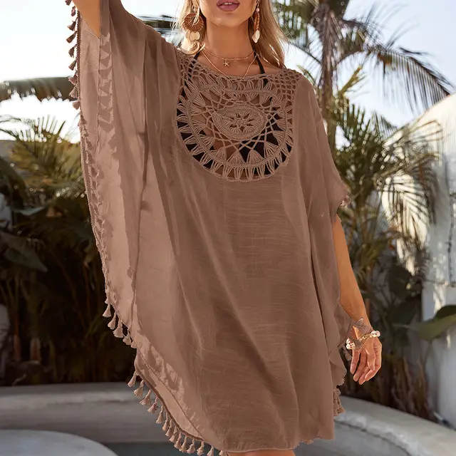 Off The Shoulder Hollow Loose Large Size Fringed Bikini Ins Wind And Beach Blouse Khaki - Shop at LoveMi