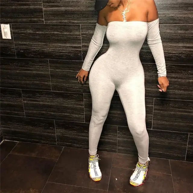 Long Sleeved Solid Color Slim Sexy One Shoulder Jumpsuit White - Shop at LoveMi