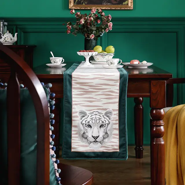 DUNXDECO Tassel Table Runner Party Long Table Cover Fabric Modern Luxury Jungle Tiger Print Velvet Table Cloth Desk Decorating Jungle White Tiger - Shop at LoveMi